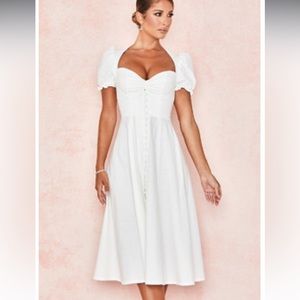House of CB ‘Ellery’ White Linen Blend Puff Sleeve Midi Sundress